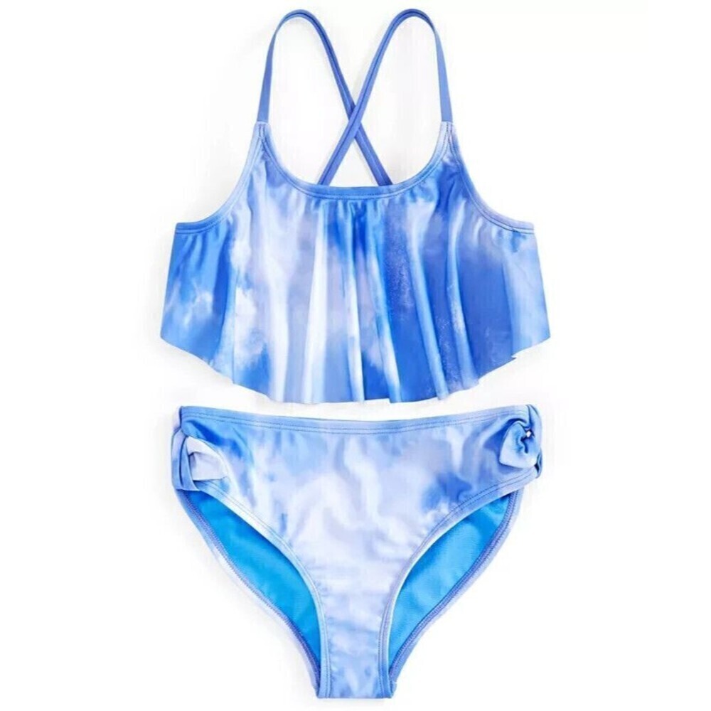 Breaking Waves Big Girls 2-Pc. Flounce Bikini Swimsuit Allover Cloud Print Multi